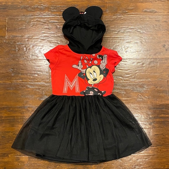 Disney Other - Minnie Mouse Red and Black Tutu Dress with Mouse Ears Hood Size 7/8